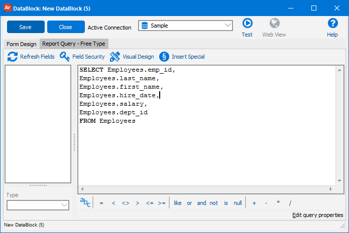 Free Type Query under the Report Query - Free Type tab. A query for most of the fields in the Employees table is in the query pane.